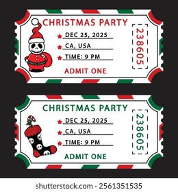 Christmas set party tickets. Spooky Santa skeleton and stoking tickets for holidays. Christmas party event, admit one. Vector eps.