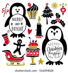 Christmas set. Penguin, tree, burning candle, sleigh, cake, 
sugar cane, ball, gingerbread man, heart, star, snowflake, mistletoe hand drawn isolated on white background. Handwritten font