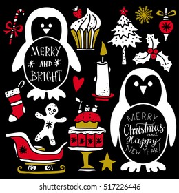 Christmas set. Penguin, tree, burning candle, sleigh, cake, 
sugar cane, ball, gingerbread man, heart, star, snowflake, mistletoe hand drawn isolated on black background. Handwritten font