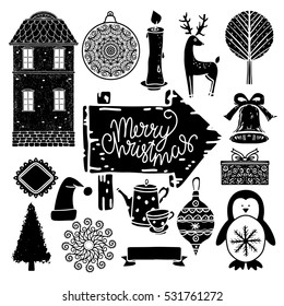 Christmas set. Penguin, tree, house, ribbon, reindeer, hat, gift, cup, teapot, burning candle, ball, bell, frame, snowflake, wooden road sign hand drawn isolated on white background. Handwritten font