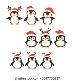 Christmas set with penguins characters. Penguins cartoon vector illustration.