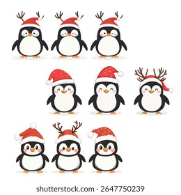 Christmas set with penguins characters. Penguins cartoon vector illustration.