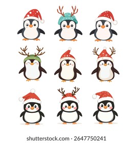 Christmas set with penguins characters. Penguins cartoon vector illustration.
