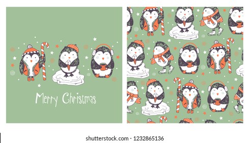 Christmas set with penguins. Pattern and postcard.
