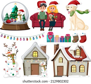 Christmas set with people and houses cover with snow illustration