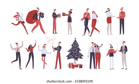 Christmas set. People make merry together around Christmas tree. Collection of Happy workers having fun at corporate party. Company celebrates new year. Holiday vector illustration isolated on white