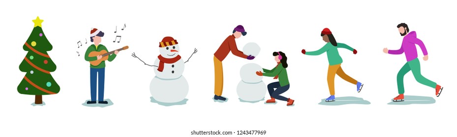 Christmas set. People skating, making snowna, playing guittar outdoor.Cartoon flat style vector illustration.