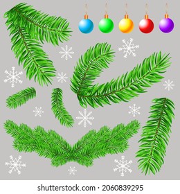 Christmas set with pine branches, balls and snowflakes. Vector elements for postcards decoration.