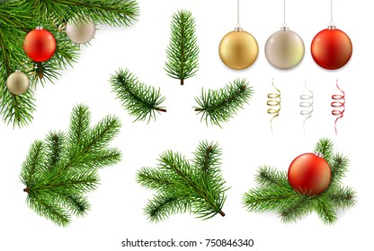 Christmas set with pine tree branches and christmas balls. Realistic vector elements for design greeting cards.