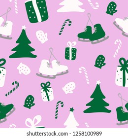 Christmas set. Pink background, white skates, gifts, mittens, Christmas tree. Good for packaging, postcards, textiles.