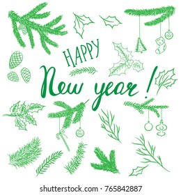 Christmas set of plants with branches, leaves and berries. Handwritten modern brush lettering. Hand drawn design elements