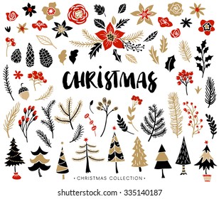 Christmas set of plants with flowers, spruce branches, leaves and berries. Christmas trees. Handwritten modern brush lettering. Hand drawn design elements.