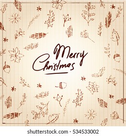 Christmas set of plants with spruce branches, leaves and berries. Christmas time. Handwritten modern brush lettering. Hand drawn design elements.