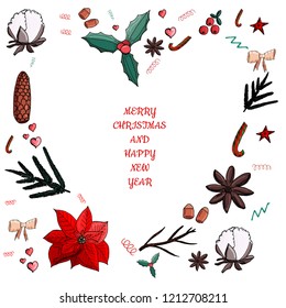 Christmas set poinsettia, fir, cone, cotton. omela, cinnamon, cranberry, nuts, star, stick, candy cane, bow in the hearth shape. Text Merry Christmas and happy new year. Isolated on the white.