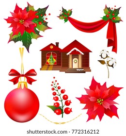 Christmas set with poinsettia  isolated on a white