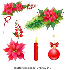 Christmas set with poinsettia , red ribbons ,isolated on a white