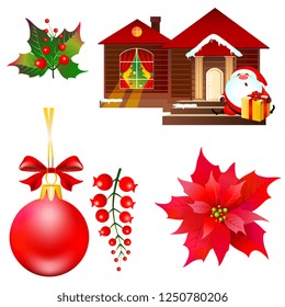Christmas set with poinsettia , Santa,and red ribbons ,isolated on a white