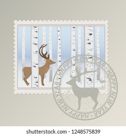 the Christmas set of postage stamp with the image of a birch forest and lichen. stamp with reindeer and the words in grunge style