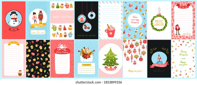 Christmas set of postcards and templates for lists and letters. Frame for text. Cute vector character illustration in hand-drawn scandinavian style. The limited palette is ideal for print