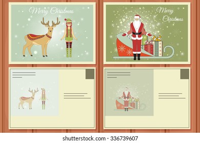 Christmas Set of a Postcards. Vector illustration of a Cute Christmas Deer and Santa Helper Girl. Happy Santa Claus. Christmas Background.