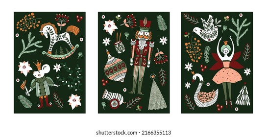 Christmas set poster with Nutcracker. Magic Christmas vector illustration. 