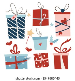 Christmas set with presents and decorative elements. Vector illustration in cartoon flat style. 