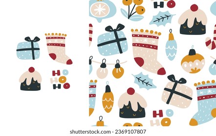 Christmas set print and seamless pattern with traditional symbols and decorative elements. Vector funny hand-drawn doodle in simple scandinavian cartoon style. Cute limited palette
