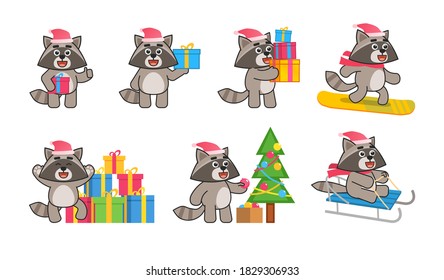 Christmas set of raccoon mascot characters in various situations. Cute raccoon holding gift box, snowboarding, riding sleigh and showing other actions. Vector illustration bundle