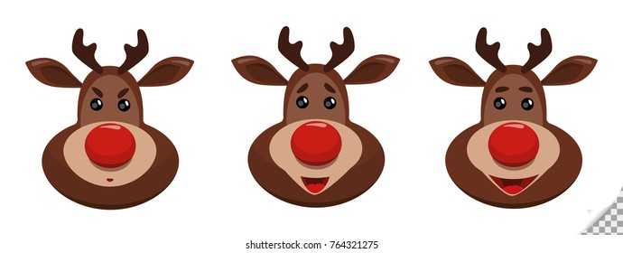 Christmas set raindeer emotions - smiling, suprised, evil with red nose for card, logo, banner, label, tag, design, xmas on transparent background 
