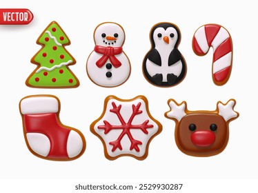 Christmas set realistic 3d gingerbread cookies in shape Christmas tree, snowman, penguin, candy cane, gift sock, snowflake, deer. Xmas sweet baking isolated on white background. vector illustration