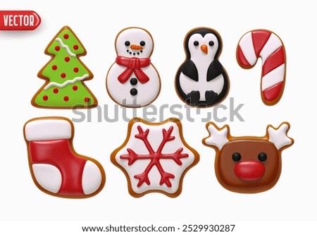 Christmas set realistic 3d gingerbread cookies in shape Christmas tree, snowman, penguin, candy cane, gift sock, snowflake, deer. Xmas sweet baking isolated on white background. vector illustration