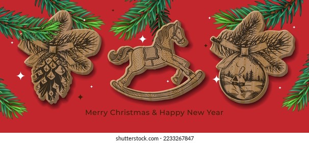 Christmas set of realistic symbols. Wooden toys, rocking horse, Xmas ball, pine cone. Happy New year card. Vector illustration