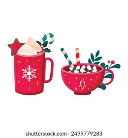 Christmas set of red mugs of hot drinks with decorations.