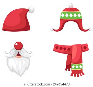 Christmas set red santa claus hat, scarf and hat isolated vector illustration