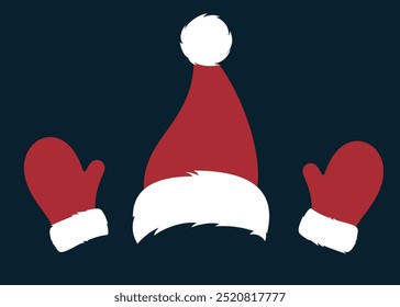 Christmas set of red Santa Claus hat and mittens. New Year vector elements for design.