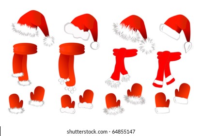 Christmas set: red santa claus hat, scarf and mittens on the white background (eps10). Vector illustration