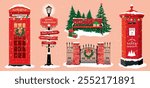 A Christmas set of a red telephone booth, a mail box, a bench, a lantern, a pointer, a gate with a fence. Christmas Park in the snowfall. Illustrated vector clipart.