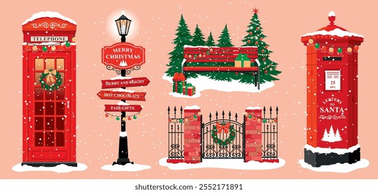 A Christmas set of a red telephone booth, a mail box, a bench, a lantern, a pointer, a gate with a fence. Christmas Park in the snowfall. Illustrated vector clipart.