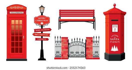 Um jogo de Natal de uma cabine de telefone vermelha, uma caixa de correio, um banco, uma lanterna, um ponteiro, um portão com uma cerca. Elementos de rua tradicionais de Londres no Natal. Clipart vetorial ilustrado.