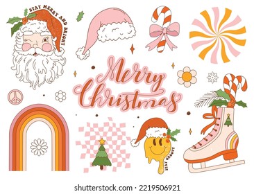 Christmas set of retro hippie illustration elements. Groovy  spruce, ice skates, candy cane, rainbow, melting smile face, Santa Claus, Santa hat, flowers, sunburst swirl, peace sign etc. Vector.