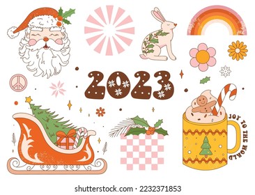 Christmas set of retro hippie illustration elements. Groovy  spruce, hippie van, rabbit, rainbow, Santa Claus, mug, flowers, peace sign etc. Vector for holidays postcard, invitation, sticker etc.