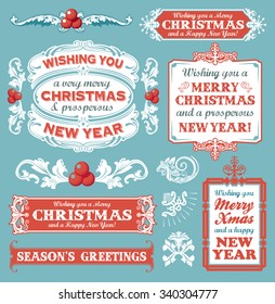 Christmas set of retro icons, labels, emblems and decorative banner signs