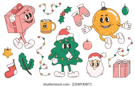 Christmas set in retro style. Illustration with characters in 80s style. Christmas tree, gifts, garland, gloves, Santa, mug, toys.