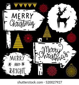 Christmas set. Road sign, reindeer, trees, flags, snowflakes, balls cartoon hand drawn. Merry Christmas, Merry and Bright hand written font isolated on black background