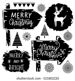 Christmas set. Road sign, reindeer, trees, flags, snowflakes, balls cartoon hand drawn. Merry Christmas, Merry and Bright hand written font isolated on white background