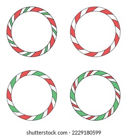 Christmas set of round frames with candy cane patterns. Vector elements isolated on white background.
