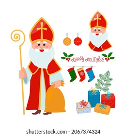 Christmas set Saint Nicholas with a bag of gifts, a greeting inscription, a tree, Christmas balls, boxes with gifts, Santa's socks. flat vector illustration isolated on white background