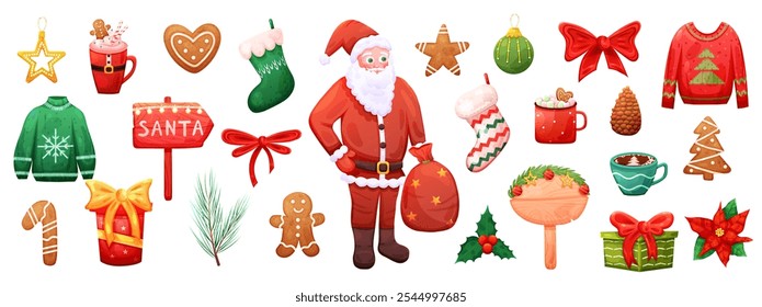 Christmas  set with Santa character, cozy sweater and hot drink. Vector holiday illustration