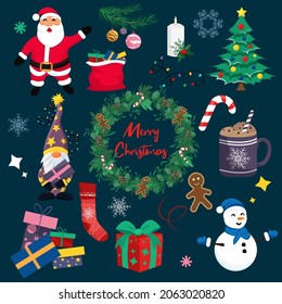 Christmas set. Santa Claus and a bag of gifts, a candle with fir branches, lanterns, a Christmas tree with toys, a gnome, a lollipop, a mug, a snowman, gifts, a Christmas wreath, cookies and a sock.