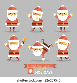 Christmas set - Santa Claus, different poses and different emotions. Vector illustration in cartoon flat style.